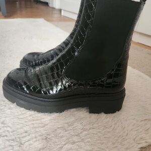 Sleek Black Croc-Embossed Combat Boots